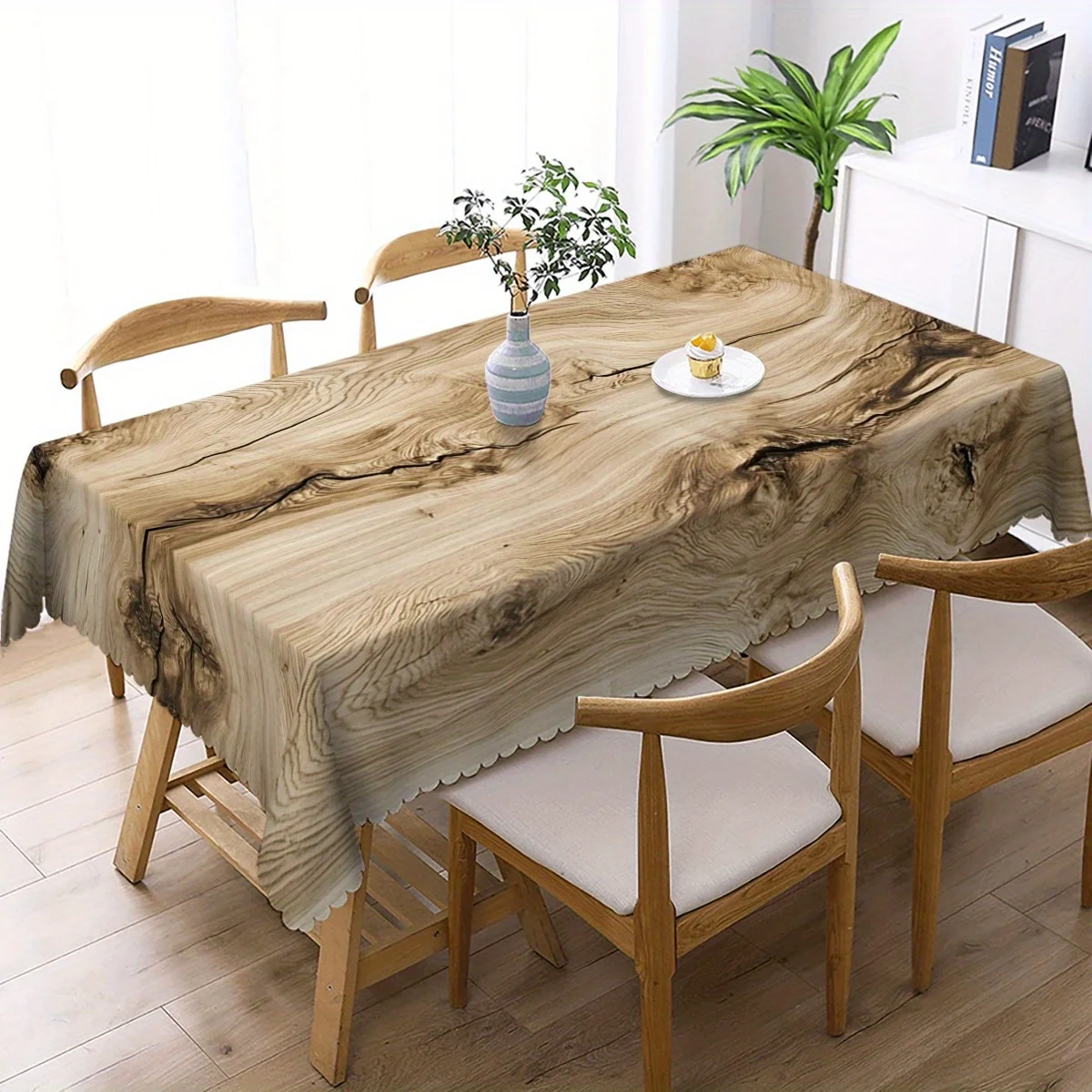 One elegant wood-grain printed tablecloth with a fan-shaped edge - durable polyester fabric.PMJ