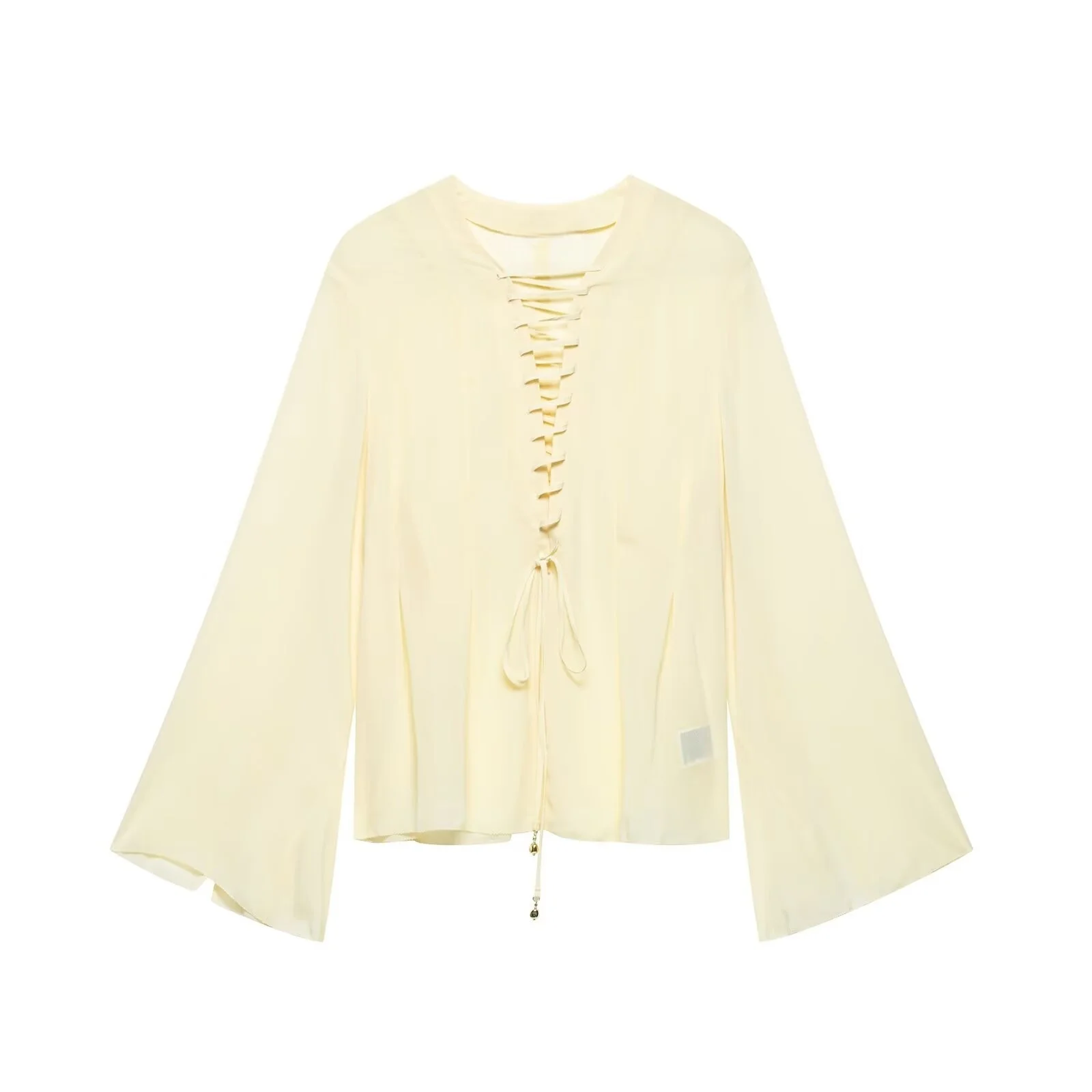 

BM&MD&ZA Womens Elegant Light Chiffon V - Neck Long - Sleeved Flared Sleeve Loose Blouse with Drawstring Tie - up Decoration
