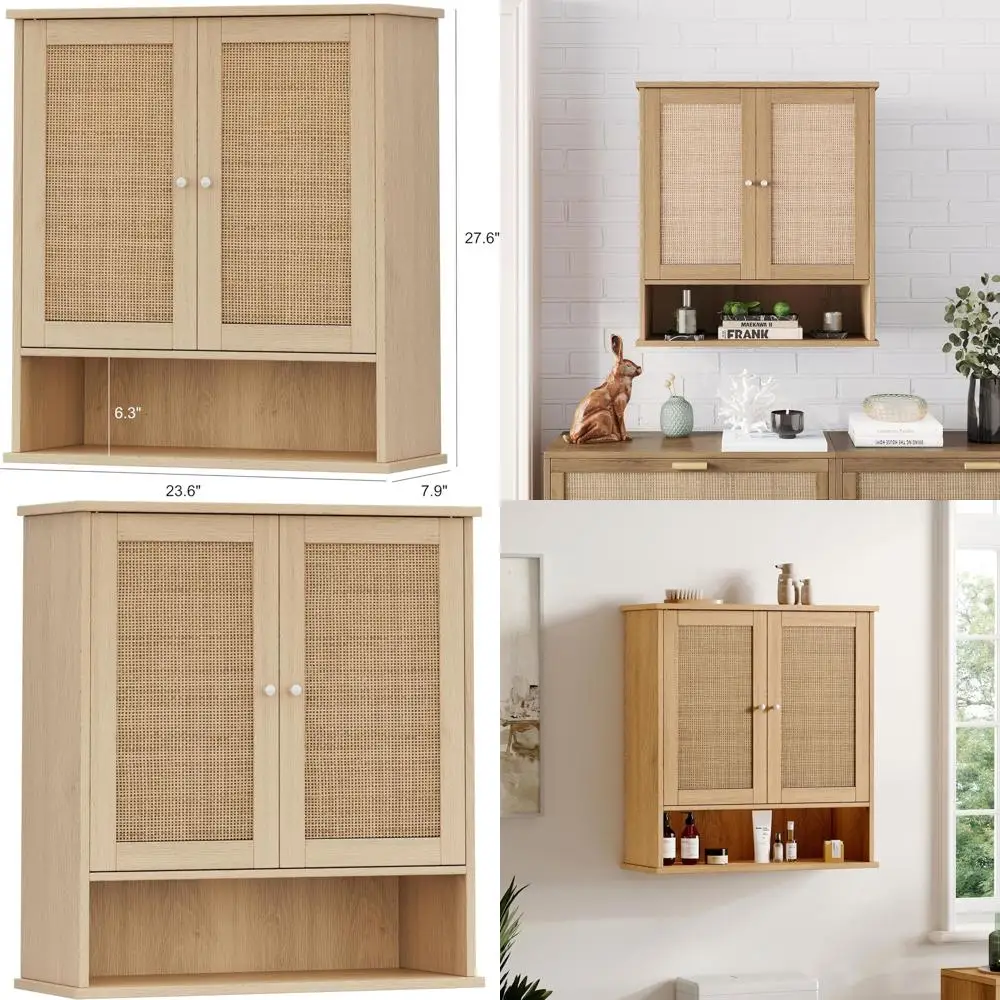

Natural Rattan Doored Wall Cabinet with Adjustable Shelf, Over Toilet Storage Organizer for Bathroom, Kitchen, Entryway, 23.6 x