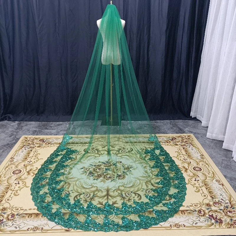 1 طبقة الدانتيل مع الحجاب الزفاف الترتر 3 أمتار طول الكاتدرائية الأخضر الحجاب الزفاف
