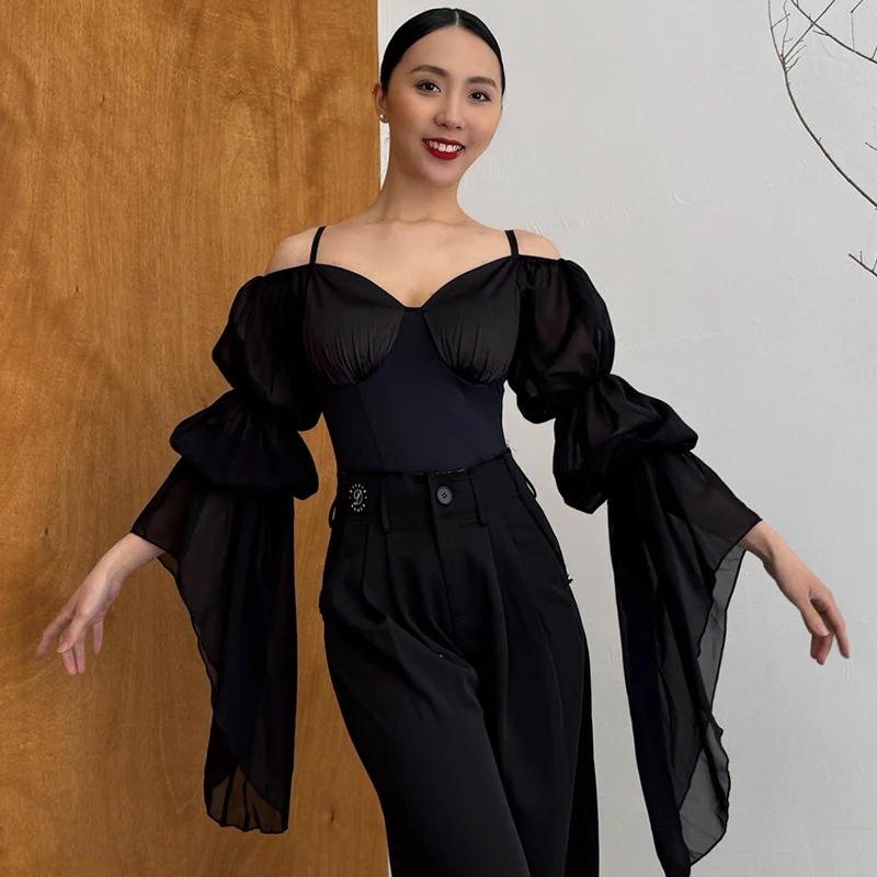 

Топ для бальных танцев, стандартный наряд для современных танцев, боди с открытыми плечами и плавающими рукавами, женская одежда для вальса, бальных тренировок 4419