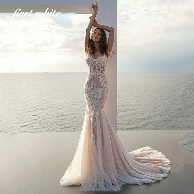 Champagne Mermaid Wedding Dress Spaghetti Straps Appliqued Lace Bridal Dresses Boho Wedding Gowns Свадебное пл Customized