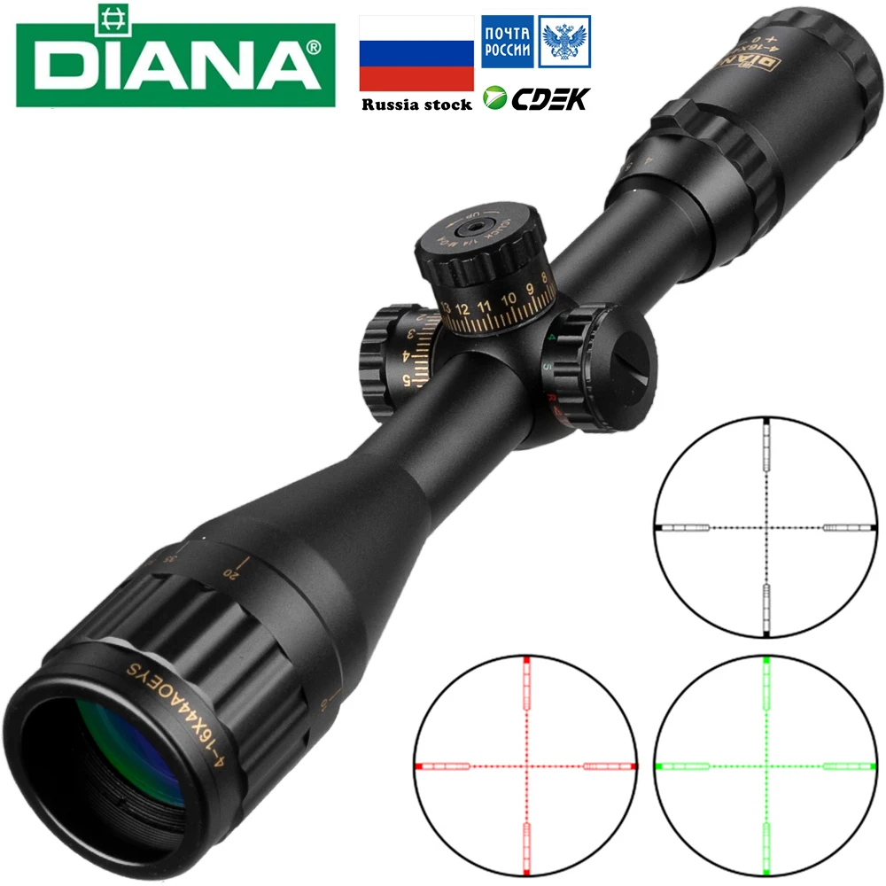 DIANA-Tactical Riflescope Visão Óptica, Escopos de Caça Iluminados, Rifle Scope Sniper, Verde e Vermelho, 4-16x44