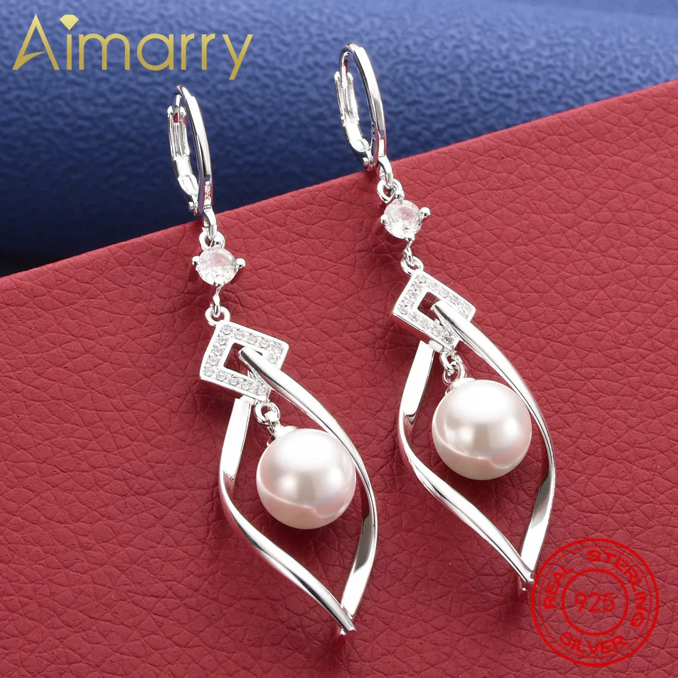 

AIMARRY 925 Sterling Silver Earrings Curve Pearls Drop Earrings Jewelry Fashion Party and Daily Wear