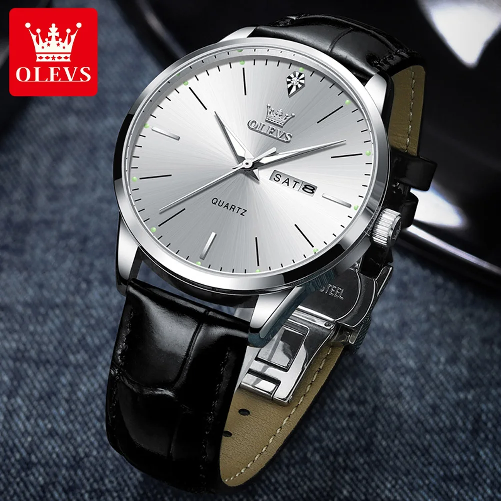 OLEVS Top Original Quartz Watches for Men Simplicity Dual Calendar Large Dial Leather Strap Waterproof Luminous Men\'s Wristwatch