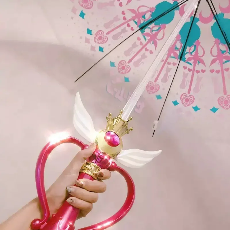 Hand Painted Sakura Transparent Umbrella, Glowing Magic Wand Princess Umbrella for Cosplay & Photo without battery