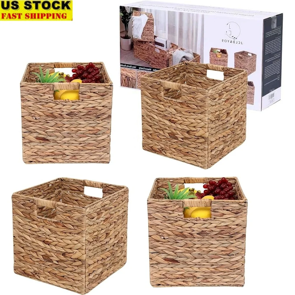 

Foldable Handwoven Water Hyacinth Storage Baskets Set of 4 Wicker Cube Baskets Laundry Organizer Totes Decorative Storage Bins