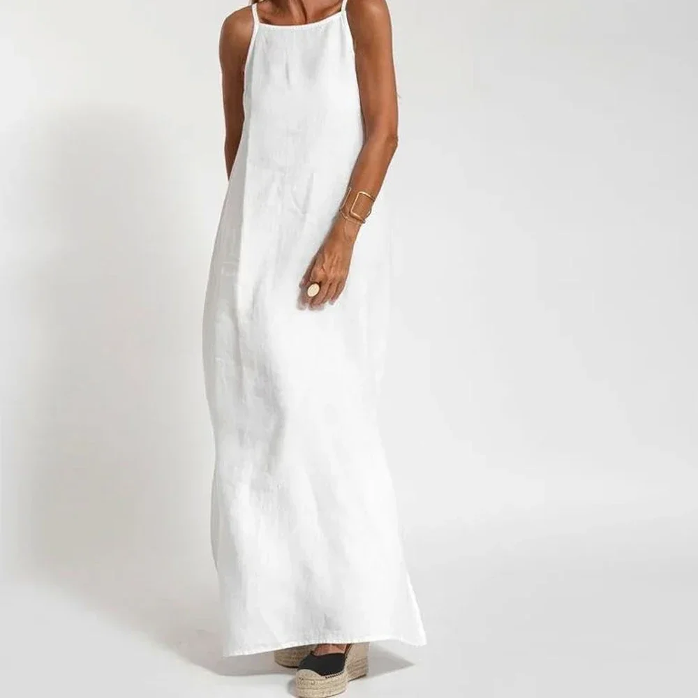 

Women Cotton linen Side Split Long Slip Dress Summer Lady Strapless Solid Color Holiday Party Dresses