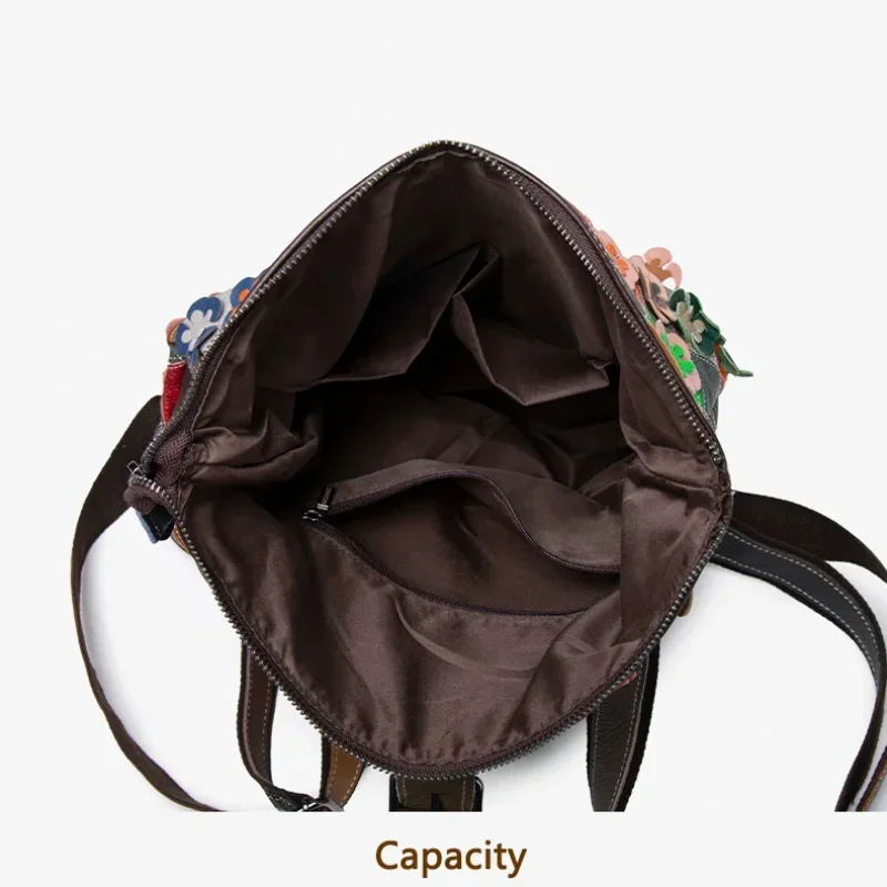 ​ ​ Plecak w stylu boho z kwiatowym patchworkiem - Plecak dzienny w stylu vintage z prawdziwej skóry z wytłoczonymi kwiatami 3D, romantyczny plecak, patchwork retro