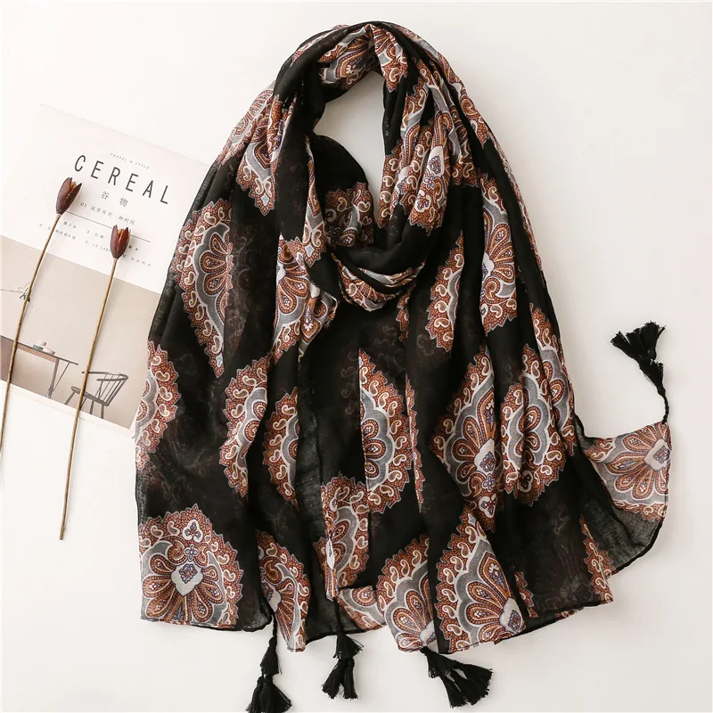 Autumn Fashion Lovely Cashew Floral Tassel Viscose Shawl Scarf Lady High Quality Soft Wrap Pashmina Stole Muslim Hijab 180*90Cm