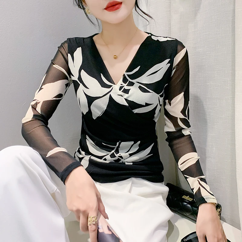 

2023 New Fall Winter European Clothes Gauze Office T-Shirt Fashion Sexy V-Neck Print Women Tops Long Sleeve Elastic Tees 39214