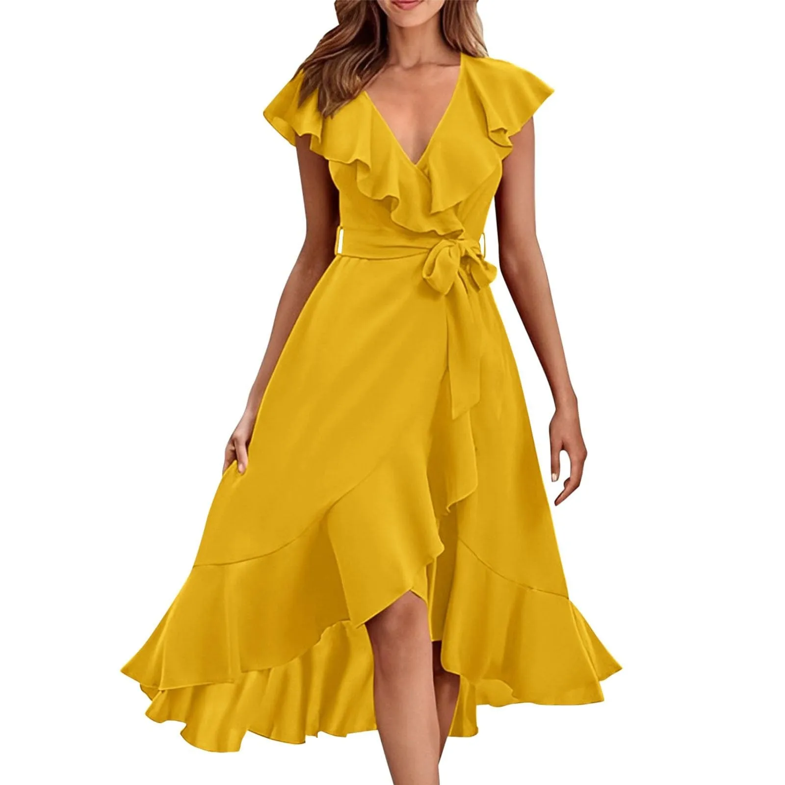 

Ruffled Midi Dress Women Summer Elegant Solid Ruffled Nipped Waist V Neck Irregular Party Long Dresses High Streetwear