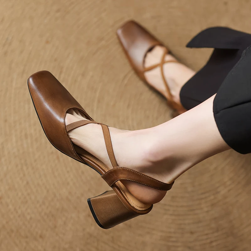 2026 New Size 34-40 Women Vintage Sandals Real Leather Retro Square Tor High Heels Summer Shoes Slingback T-Strap Office Daily view 4