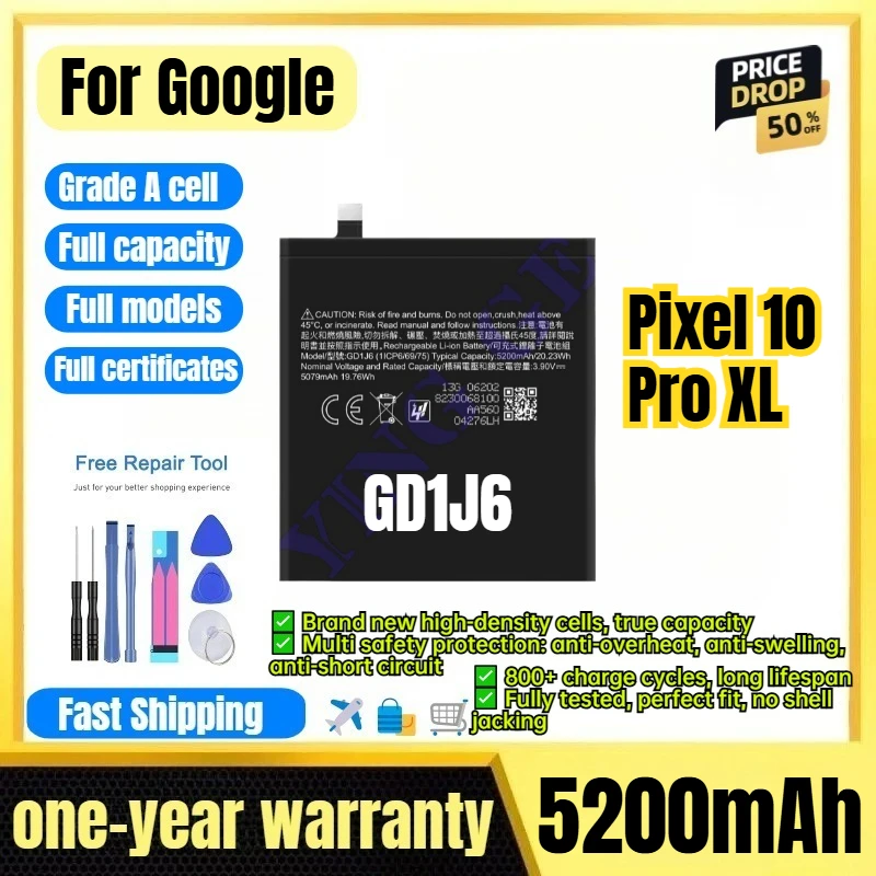 GD1J6 for Google Pixel 10 Pro XL Phone Battery 0 Cycle High Quality Capacity Battery Replacement Bateria Grade A Cell with Tools