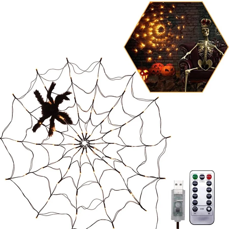 New Halloween LED Spider Webs Fairy Lights Indoor Outdoor 8 Modos Remote String Lights para Dia de Todos os Santos Halloween Party Decor