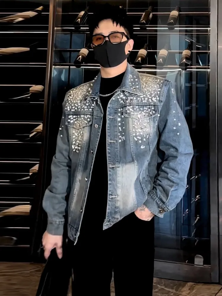 High Street Men Handmade Shiny Sequined Party Denim Jacket Vintage Spring Casual Cowbody Outwear Coat Fashion Loose Fit Jackets