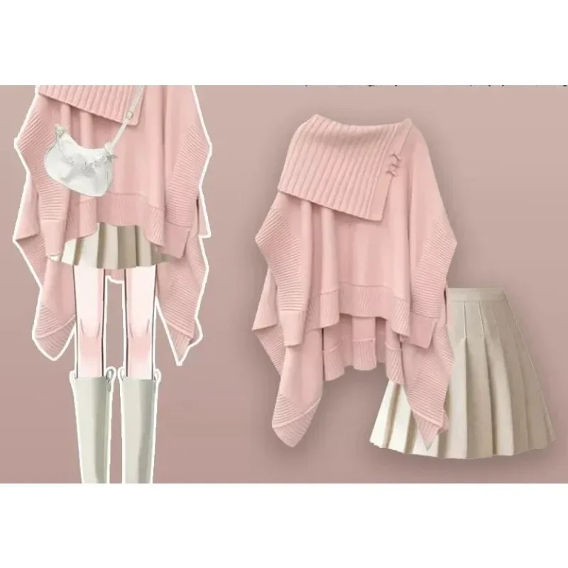 Xgoth women skirt set Korean fashion lazy loose knit sweater pleated mini skirts preppy spring sweet female outfits