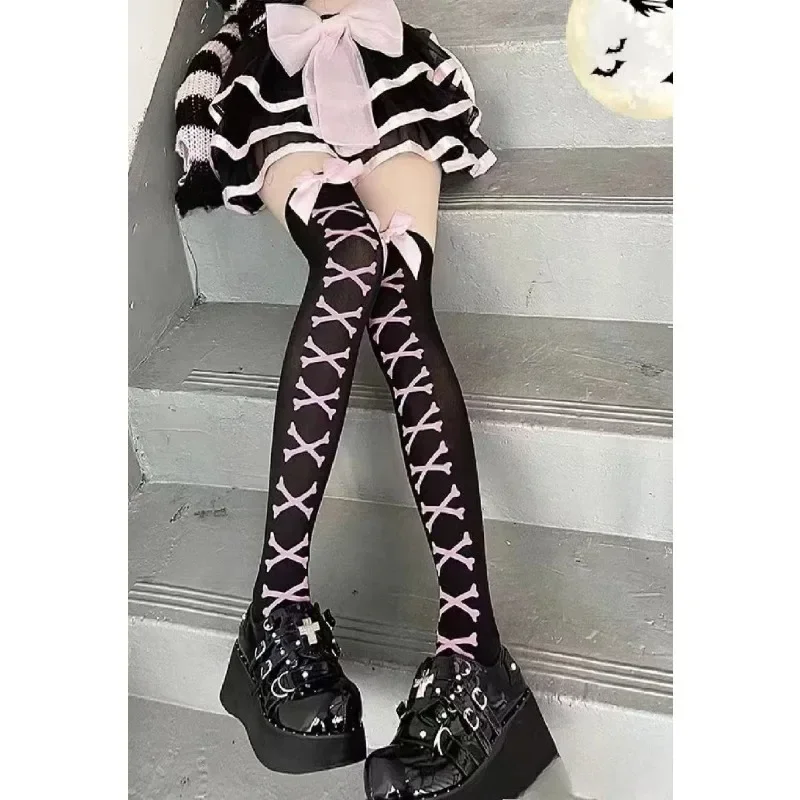 Calcetines largos por encima de la rodilla Y2K Harajuku JK, medias altas hasta el muslo con lazo, Cosplay de Lolita, pantimedias de rejilla huecas de encaje Sexy, medias