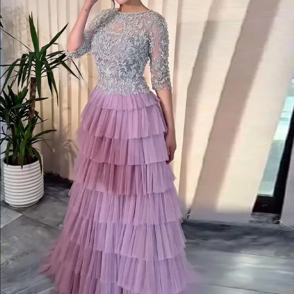 

Customized Pearls Layered Evening Dress with Half Sleeve O Neck Lace Top Prom Gown Ruffles Tiered Tulle Special Occasion Dresses