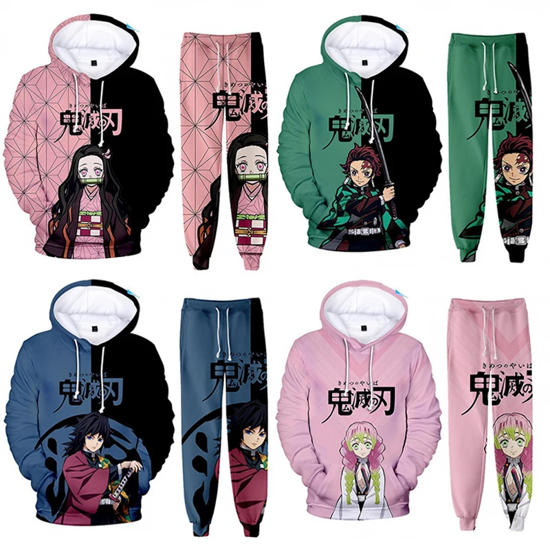 Anime Demon Slayer Hoodies 3D Printed Cosplay pants+Hoodie 2PCS Set Tracksuit Men Oversize Vintage Streetwear Hoodie Pants Sets