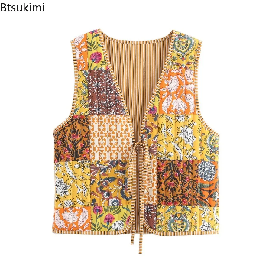 2025 Autumn Winter Women National Style Sleeveless Patchwork Floral Print Quilted Vest Jacket Fashion Ladies Lace Up WaistCoat