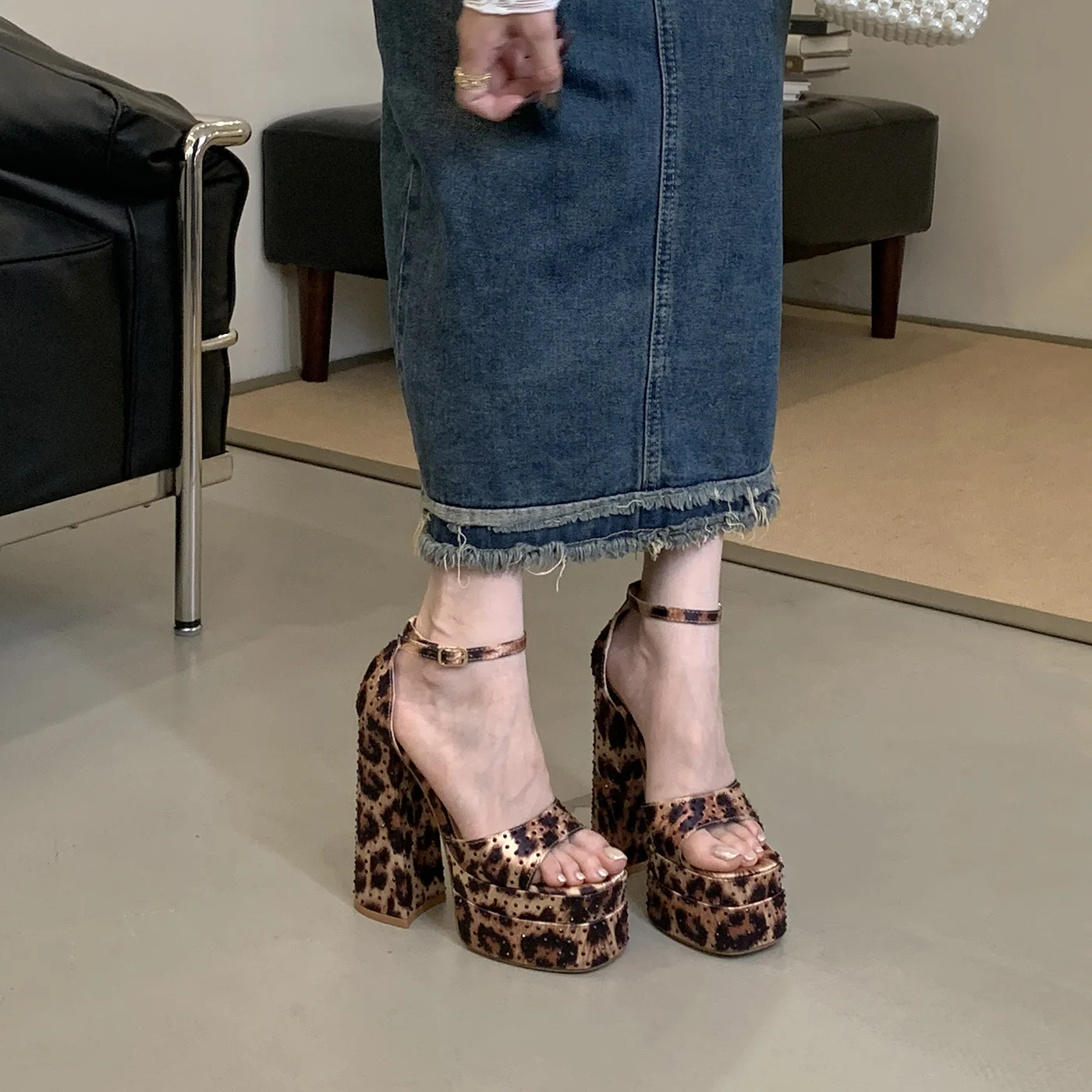 14cm New Style Fashion Rhinestones Leopard Pattern Women Gladiator Sandals Summer Double Platform Wedges Chunky High Heels Shoes