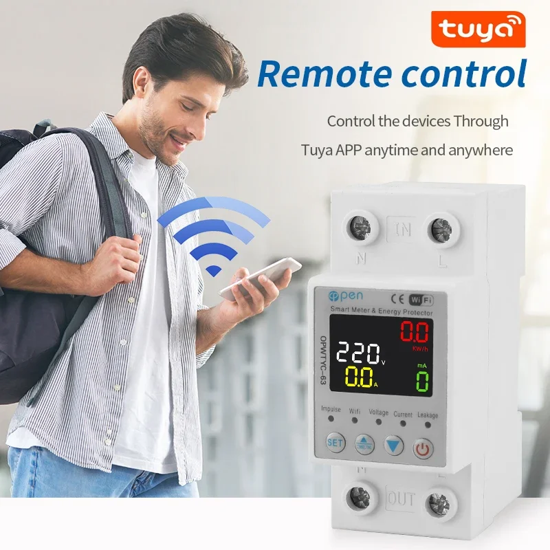 

63A TUYA APP WiFi Smart Circuit Earth Leakage Over Under Voltage Protector Relay Device Switch Breaker Energy Power kWh Meter