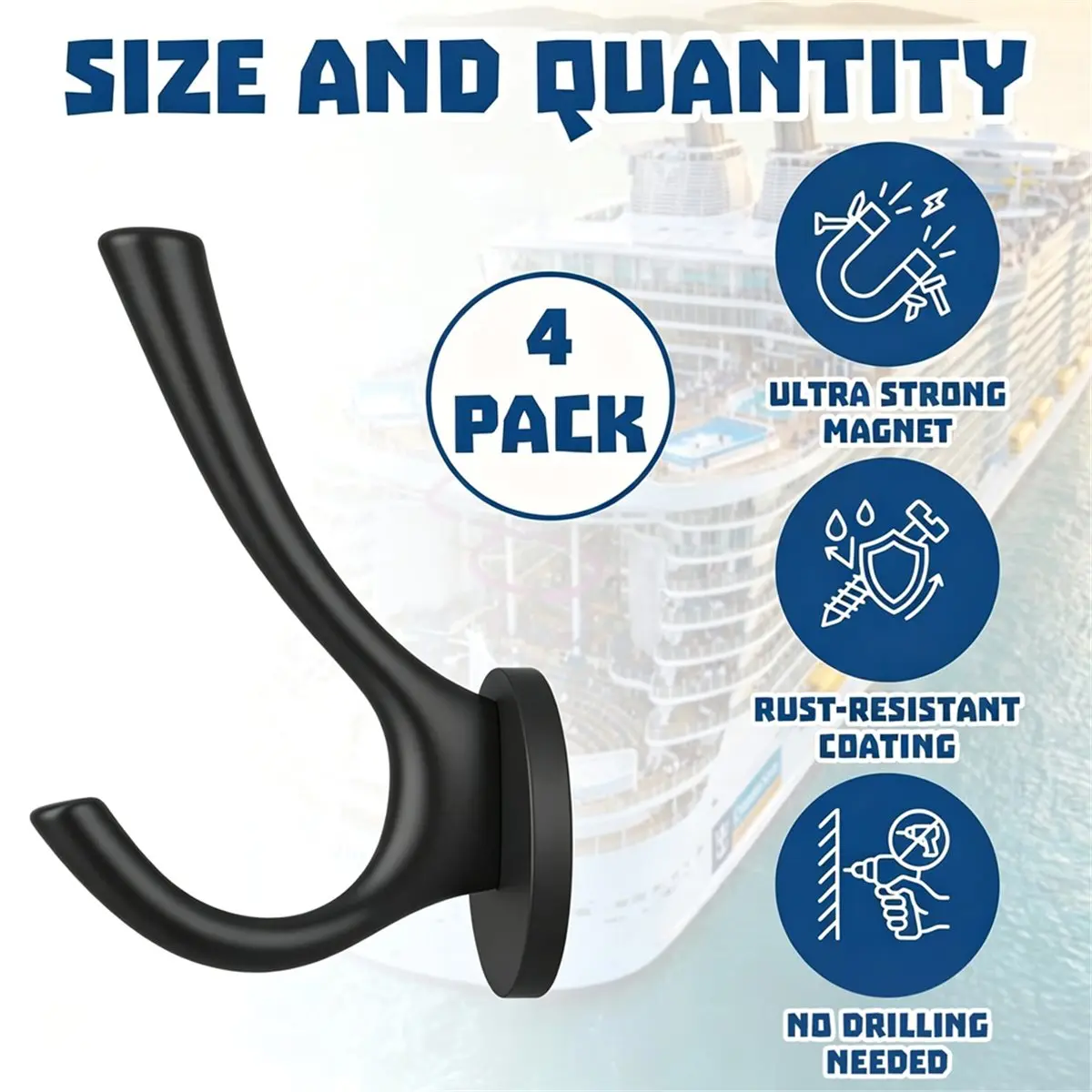 A1919K 4 Pcs Large Heavy Duty Cruise Magnetic Metal Magnetic Hooks with Soft Base for Cruise Cabins Hanging Travel Home Kitchen