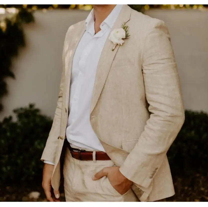 

Beige Linen Men Suits Blazer Trousers Set 2 Pieces Wedding Tuxedo Summer Slim Fit GroomFormal Attire Wedding Suits for Men