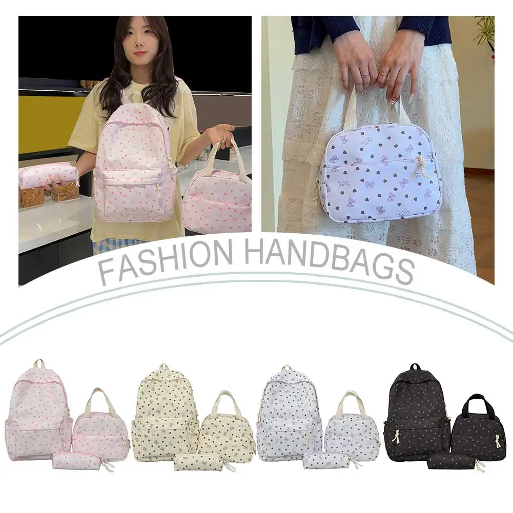 Coquette Bow Love Print Kawaii Backpack Set with Lunch Box and Pencil Pouch Aesthetic Preppy Backpack for Teens Girls Students