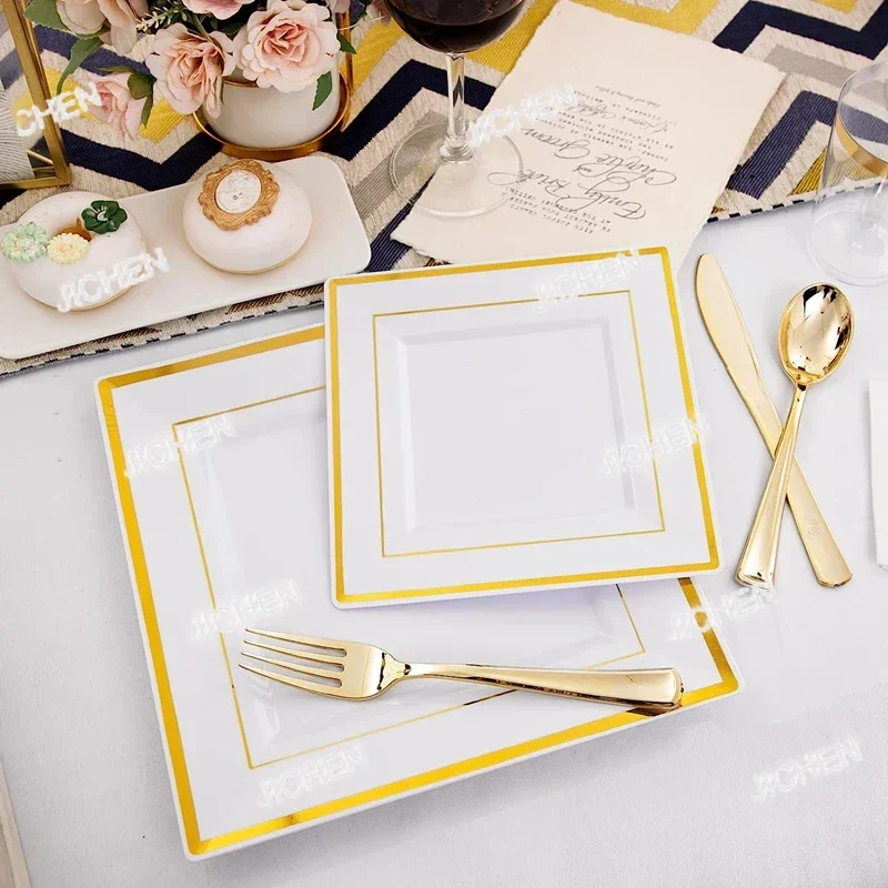 

ZQT 25Guest 175 Piece Gold Dinnerware Set Square Plastic Plates 25 Gold Plastic Silverware Plastic Cups Paper Napkins Dinnerware