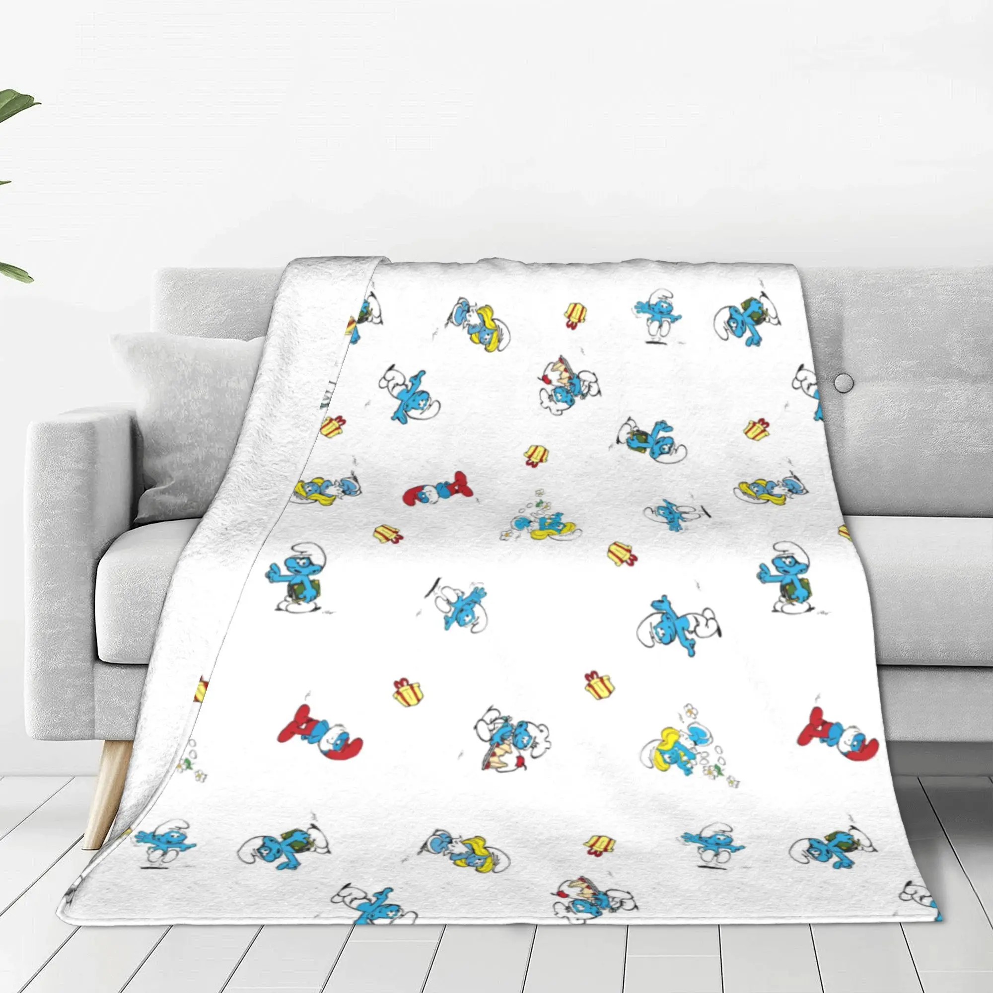 S-Smurfs Cartoon Blue Elf Knitted Blanket Anime Cute Wool Throw Blankets Bed Sofa Printed Soft Warm Portable Quilt