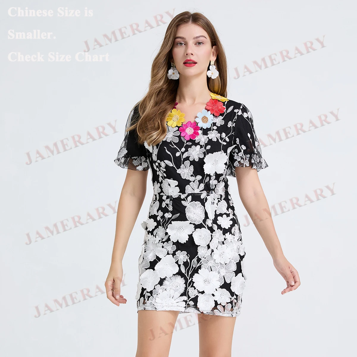 เย็บปักถักร้อยหรู 3D ดอกไม้ฤดูร้อนลูกไม้มินิเดรสผู้หญิงแขนสั้น Retro Sweet Fairy วันเกิด Party ชุดสั้น