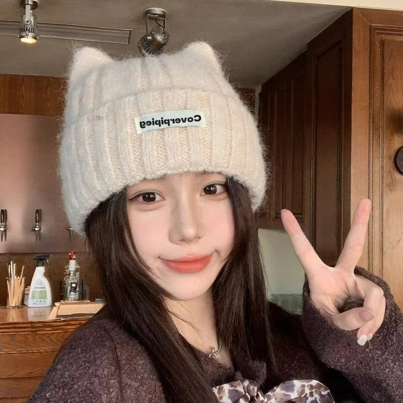 Cute and Warm Knitted Hat for Women, Versatile and Face-slimming, with Cat Ears, Fun and Cozy, Cold-proof Ear Protection Hat