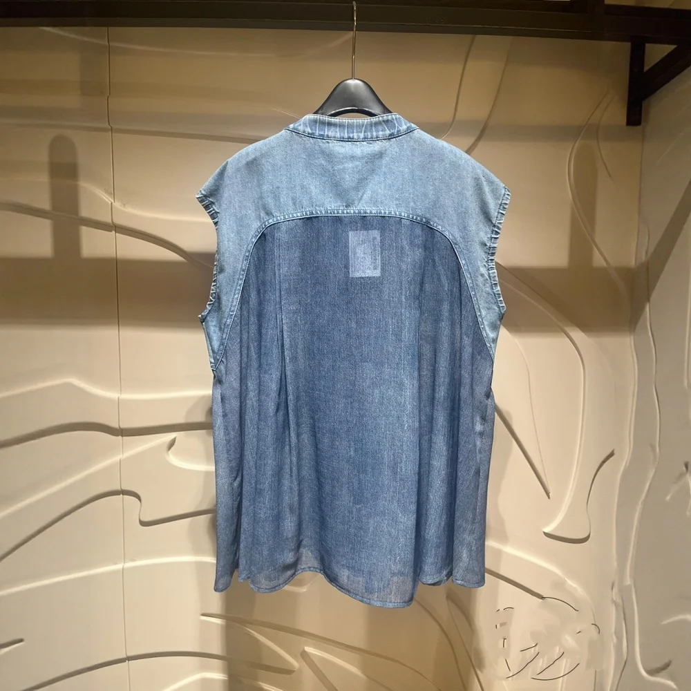 Ele Summer Denim Tank Top Me Splice Svel irt Korean Sle อเนกประสงค์ดีไซน์ดั้งเดิมทรงหลวมกระดุมกลม Ne ปุ่ม...