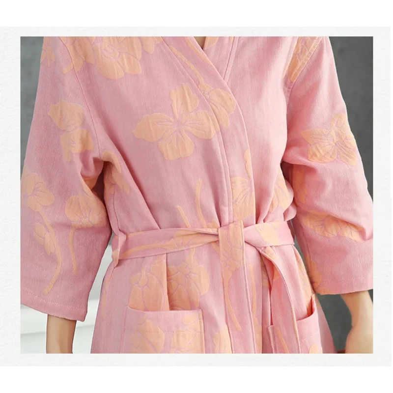 2025 Women's Bathrobe for Spring and Summer Thin Color Woven Cotton Large Size Water Absorbent Quick Drying Sleeping Robes