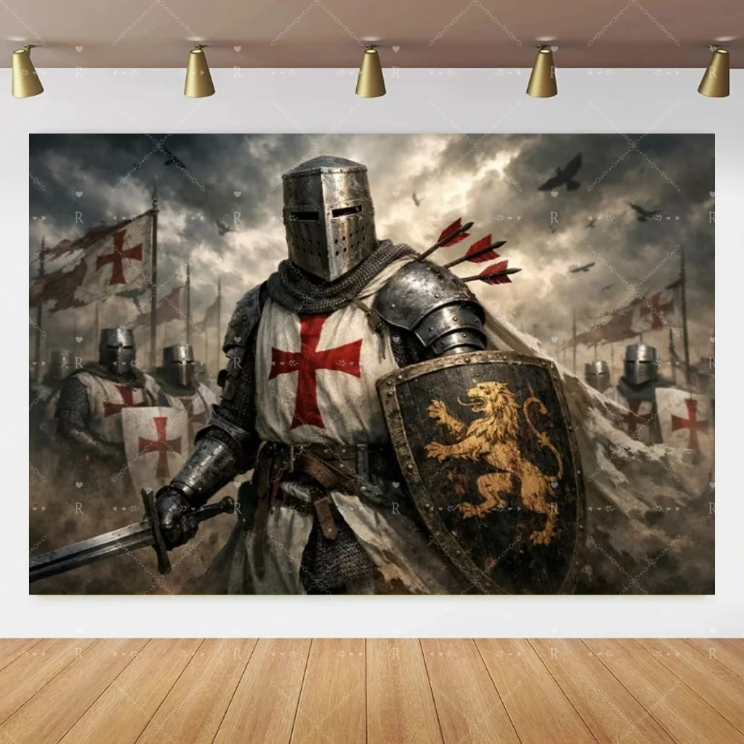 Knights Templar Theme Party Decorations Backdrop Lion Warrior Banner Wall Hanging Red Cross Armor Photography Background Props