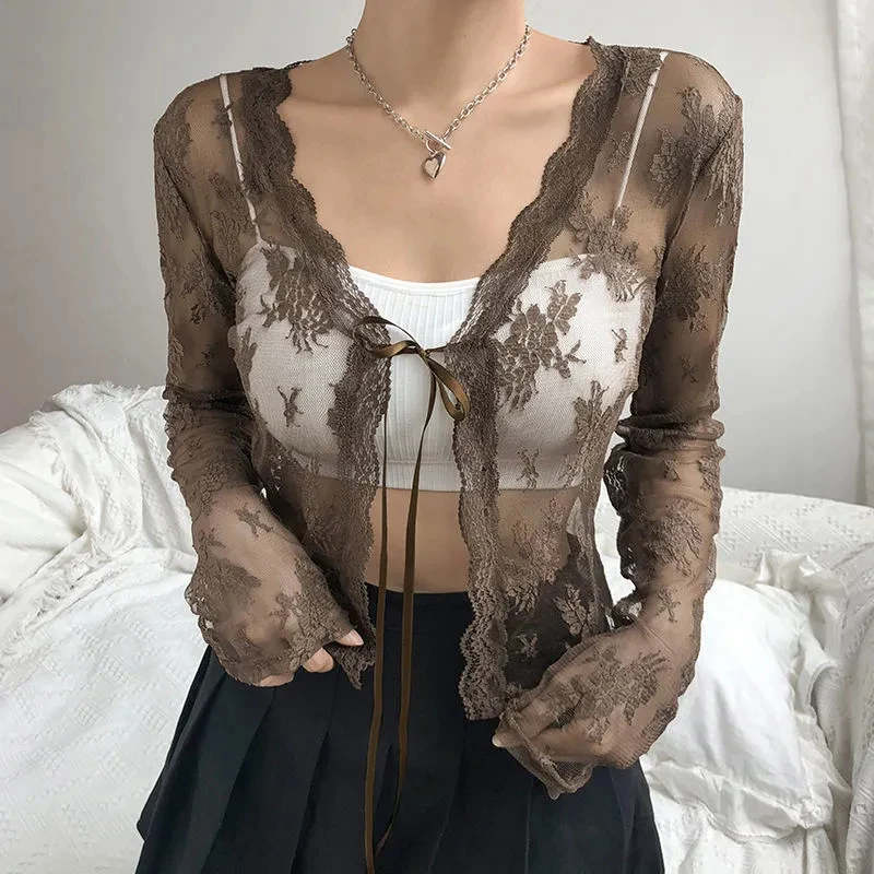 Vintage Lace Jacquard Bandage Cardigan Women Sexy Transparent Slim Versatile Crop Top Summer Y2k Spicy Girl Streetwear