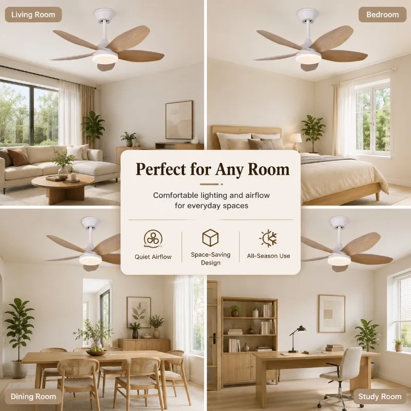 35 Inch Wood Grain Ceiling Fan with LED Light Remote Control 6 Speed Reversible Quiet for Bedroom Dining Room Ceiling Fan Light