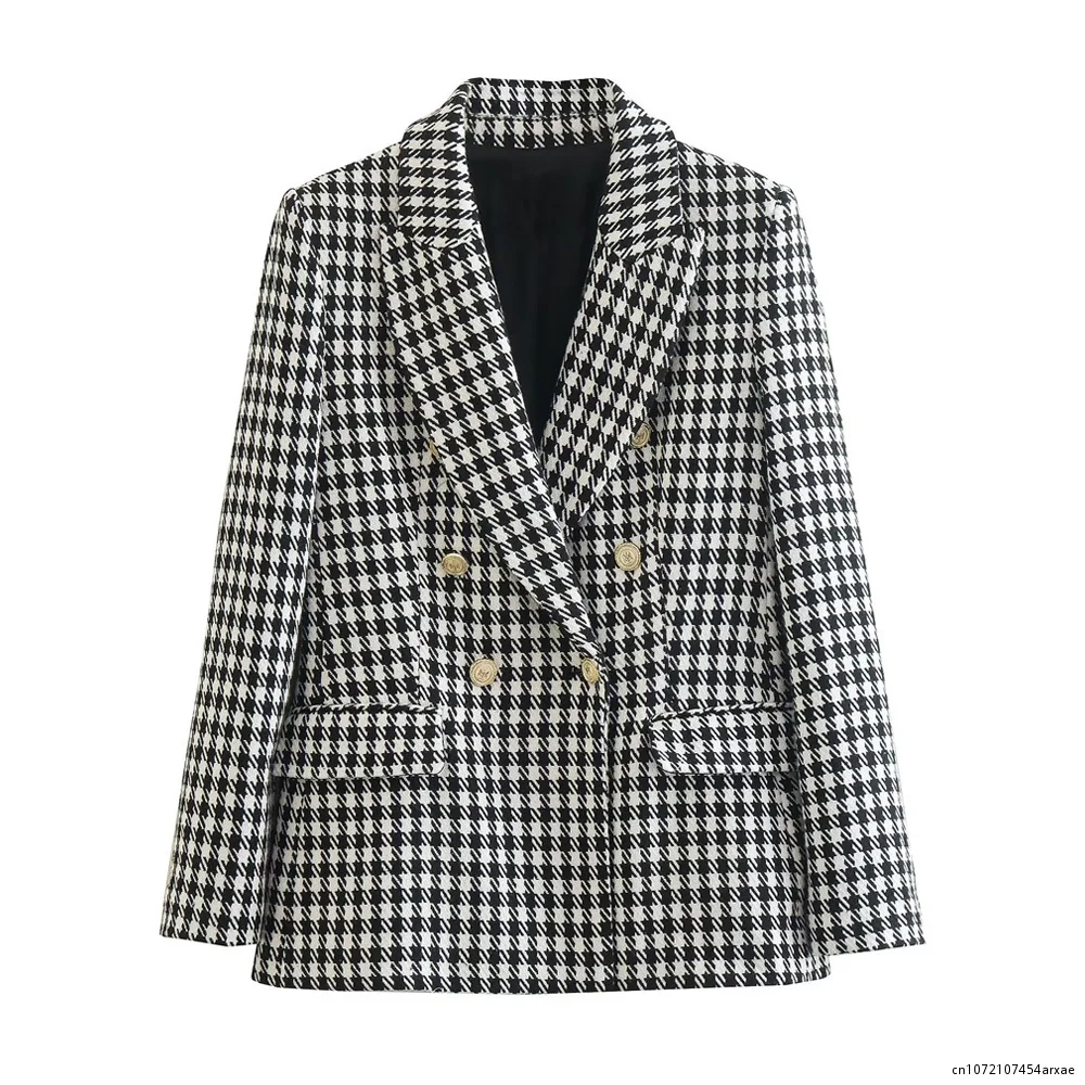 Women Fashion Double Breasted Houndstooth Blazer Coat Vintage Long Sleeve Flap Pockets Female Outerwear Chic Vestes