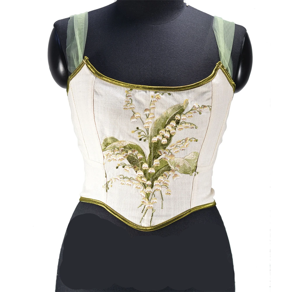 Vintage Floral Embroidered Corset Crop Tops Sexy Mesh Shoulder Strap Bustier Vest Women Body Shaping Lingerie Boned Bodice