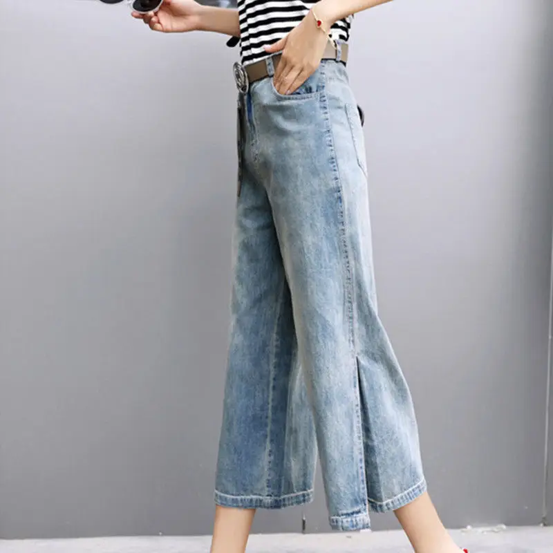 Jeans 2023 Primavera/Verão Novas Mulheres Finas Dividir Calças de Perna Larga Mostrar Fino Moda Cintura Alta Denim Calças Casuais