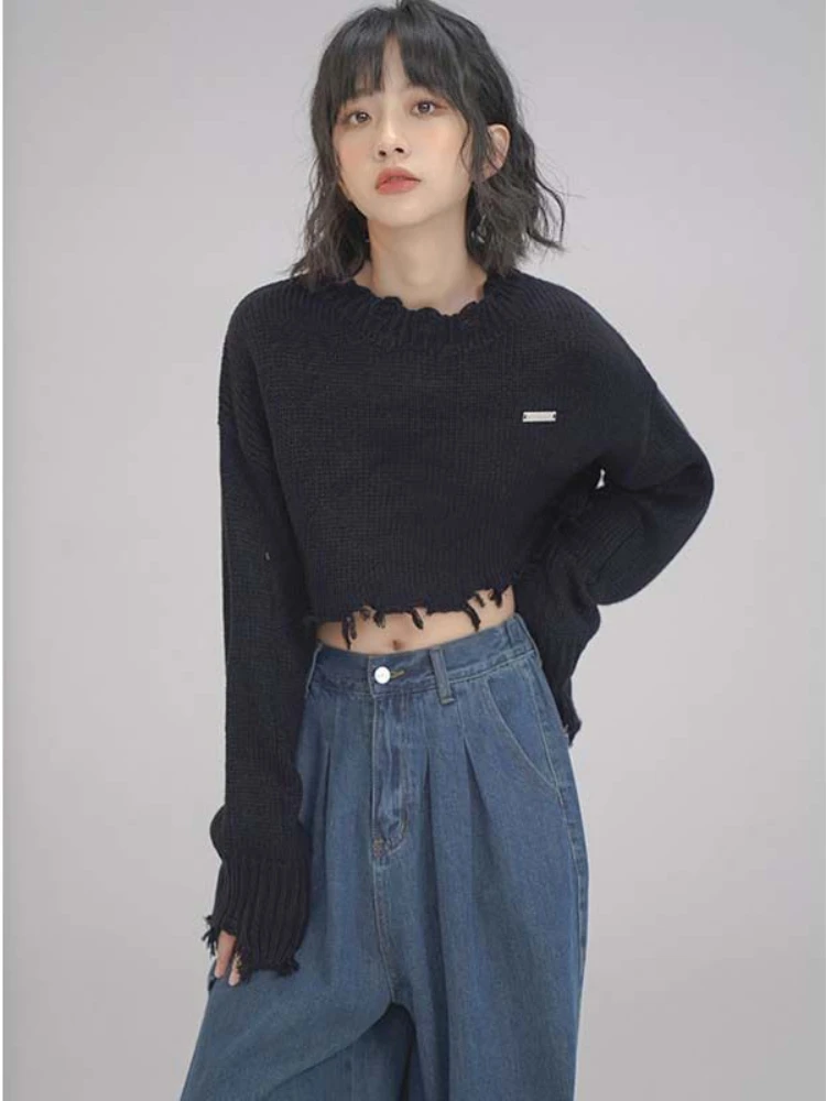 Tassel Cropped Pullovers Women High Street Y2k Clothes Knitted Autumn Clothing Harajuku Casual Sweaters Pull Femme All-match New