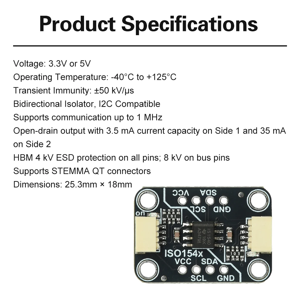 

ISO1540 Bidirectional I2C Isolator Module STEMMA QT Qwiic Compatible Unsoldered