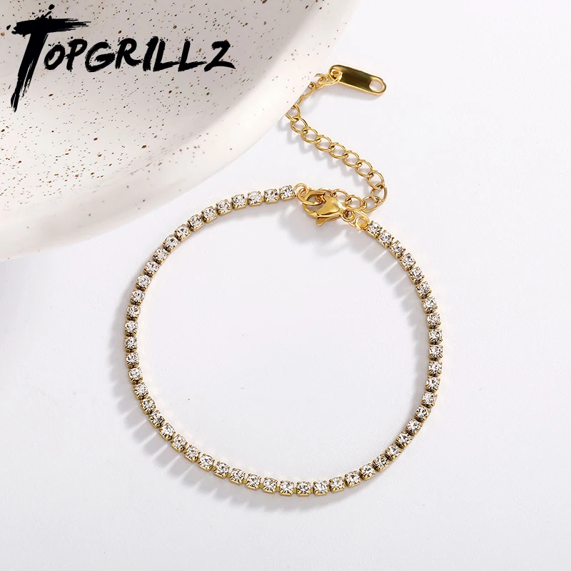 TOPGRILLZ 2MM Waterproof Stainless Steel Tennis Chain Adjustable Rhinestone Bracelet Shiny Crystal Chain on Hand Sexy Accessorie