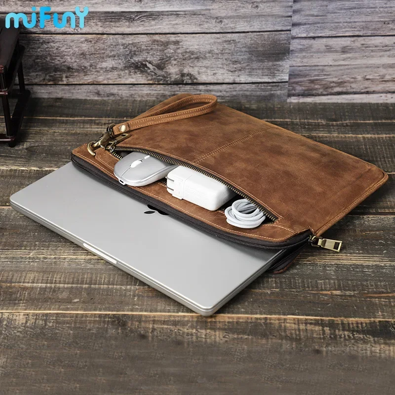 Mifuny Ma cbook Pro14 Protective Cover Cowhide Lining Leather M acLaptop with Removedable Hand Strap Custom Engraving Laptop Bag