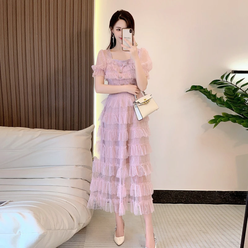 Luxury High Quality Women Summer Sweet Lace Long Dress Female Patchwork Mesh Beading Button Party Vestidos G326