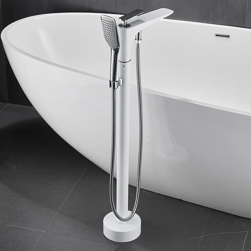 White Freestanding Bathtub Faucet Solid Brass Tub Filler with Shower Head Hot Cold Water Mixer