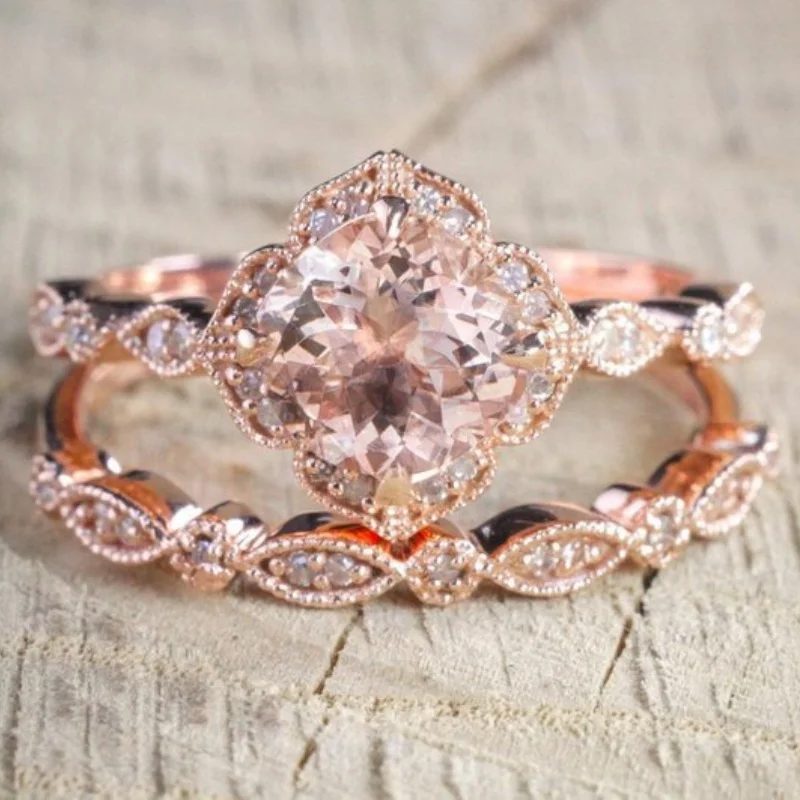 AAA Zircon Stone Micro Paved Bridal Ring Sets Romantic Rose Gold Color Engagement Rings Wholesale Lots&Bulk Midi Rings