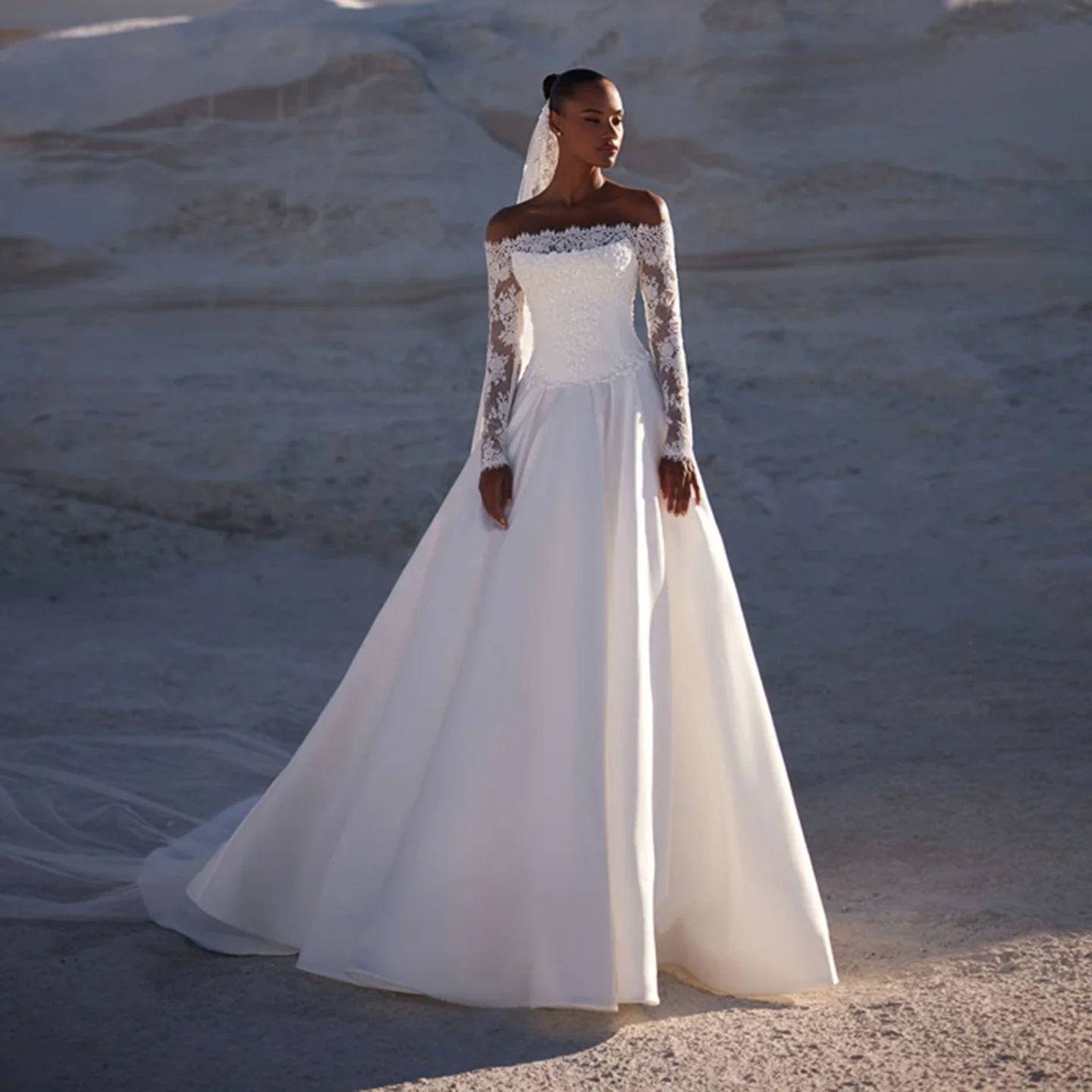 

Sharon Said 2025 Romantic Strapless A-Line Off White Satin Wedding Dress Long Lace Sleeve Corset Bride Gowns SW214 Customized